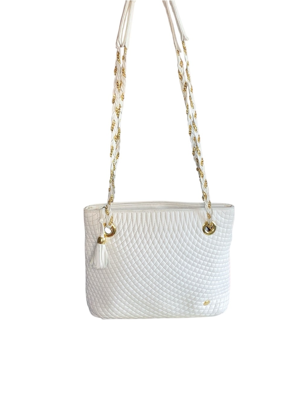 Vintage Bally Quilted White Leather Shoulder Bag with Gold Chain Detail